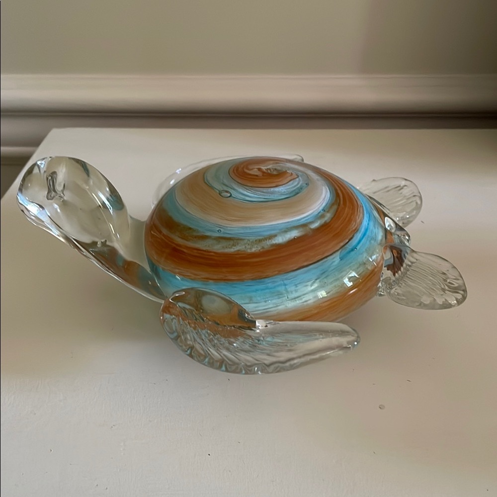 Hand blown Blue and Brown Spiral Glass Turtle Sculpture